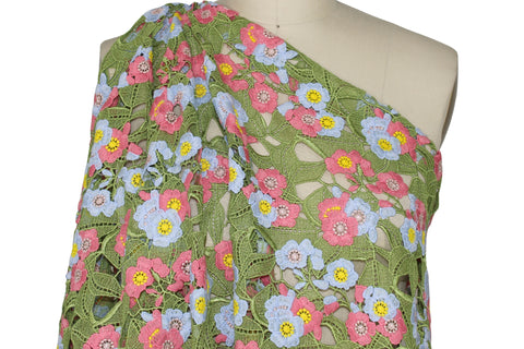 1 1/2 yards of Italian Floral Guipure Lace - Geranium/Cornflower/Yellow/Green