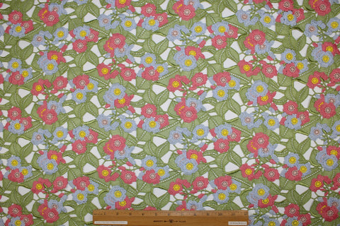 1 1/2 yards of Italian Floral Guipure Lace - Geranium/Cornflower/Yellow/Green