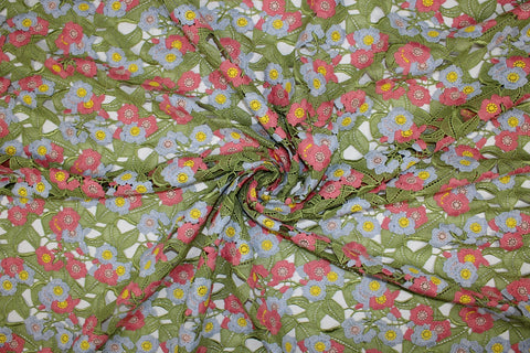 1 1/2 yards of Italian Floral Guipure Lace - Geranium/Cornflower/Yellow/Green