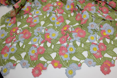 1 1/2 yards of Italian Floral Guipure Lace - Geranium/Cornflower/Yellow/Green