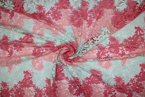 Italian Floral Guipure Lace - Pink/Coral/Soft Green