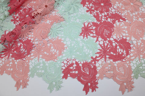 Italian Floral Guipure Lace - Pink/Coral/Soft Green