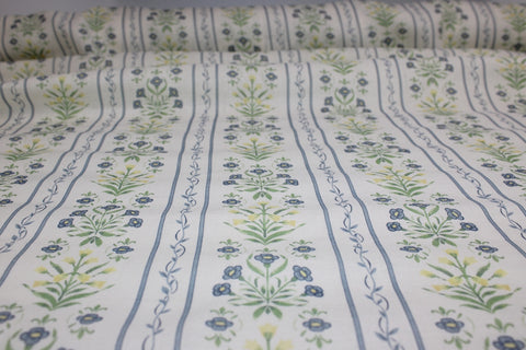 Sweet Floral Linen Print - Green/Blue/Yellow on Off White