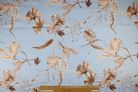 Leaf print linen in browns on blue