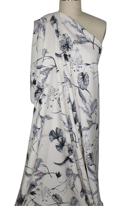 Leaf print linen in grays on white