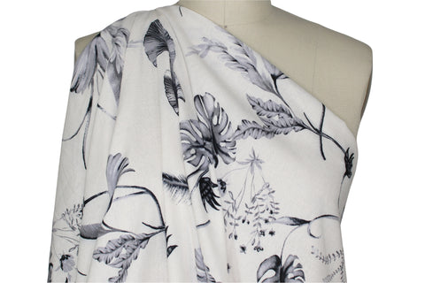 Leaf print linen in grays on white