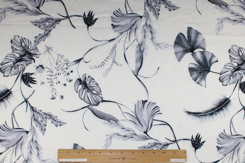 Leaf print linen in grays on white