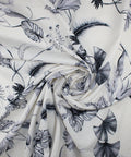 Leaf print linen in grays on white