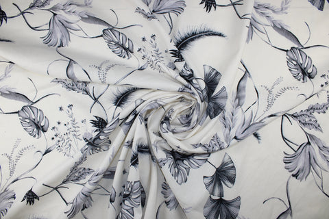 Leaf print linen in grays on white