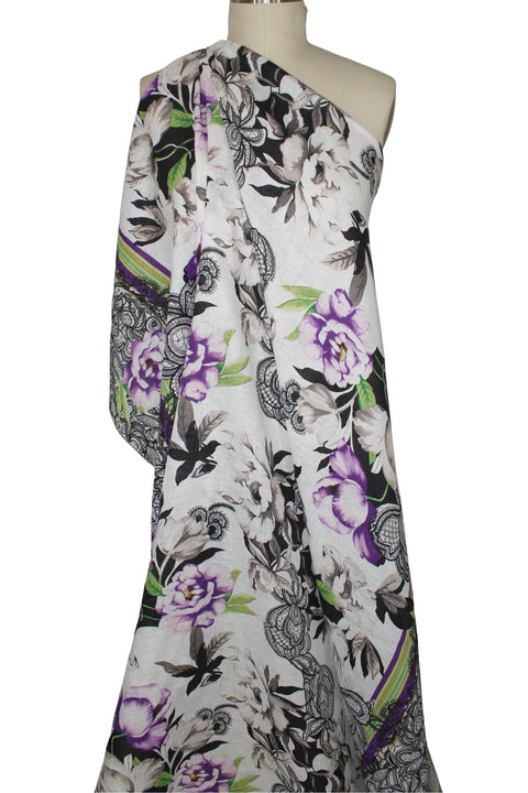 Floral Double Border Print Handkerchief Linen - Purple Tones/Black/White