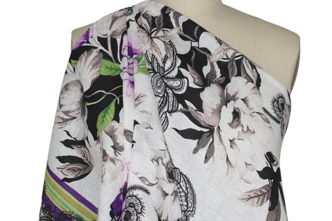 Floral Double Border Print Handkerchief Linen - Purple Tones/Black/White