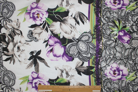 Floral Double Border Print Handkerchief Linen - Purple Tones/Black/White