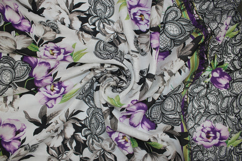 Floral Double Border Print Handkerchief Linen - Purple Tones/Black/White