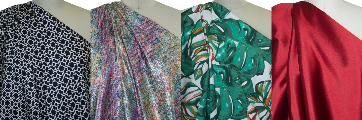 L to R: Greek Key Silk Twill, Couture Novelty Boucle, Bold Leaf Print Cotton, Silk/Wool Twill