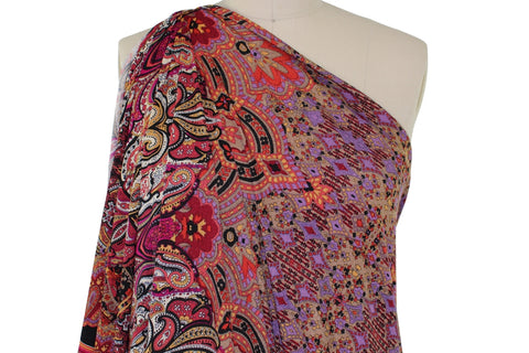 Double Border Paisley Crepe Finish ITY - Red Tones
