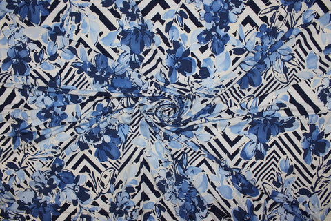 1 1/4 yards of Florals and Chevrons ITY Jersey - Blues/White