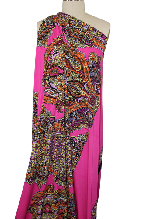 Asymmetric Double Border Paisley ITY Jersey - Multi on Barbie Pink