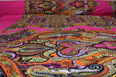 Asymmetric Double Border Paisley ITY Jersey - Multi on Barbie Pink