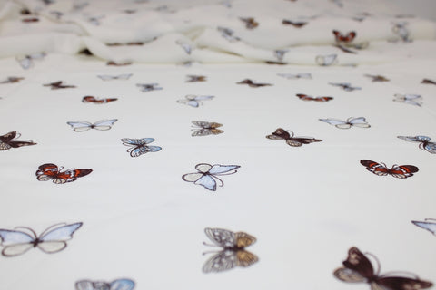 Butterfly Kisses Easy Care Crepe - Browns/Blues on Ivory
