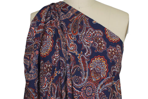 Almost 1 yard of Italian Paisley Rayon Challis - Autumn Tones on Navy - AS IS