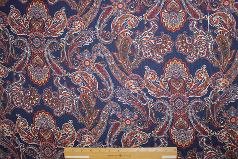 Almost 1 yard of Italian Paisley Rayon Challis - Autumn Tones on Navy - AS IS