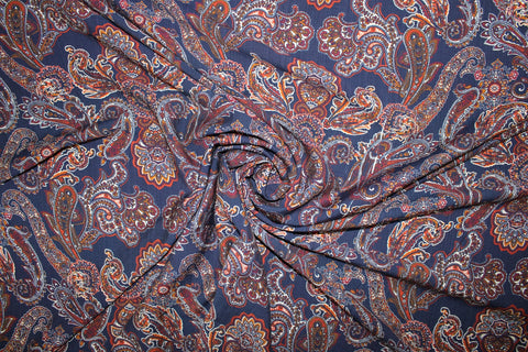 Almost 1 yard of Italian Paisley Rayon Challis - Autumn Tones on Navy - AS IS