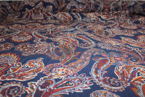 Almost 1 yard of Italian Paisley Rayon Challis - Autumn Tones on Navy - AS IS