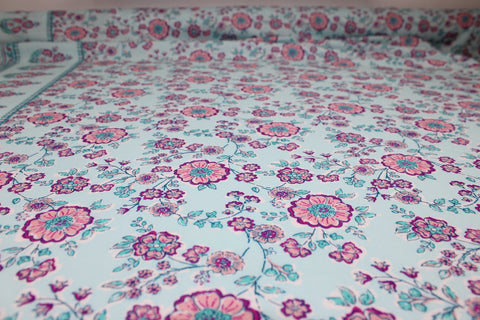 Floral Border Print Rayon Challis - Pinks/Aquas/Blue
