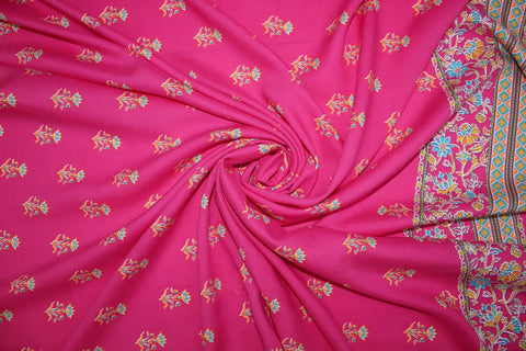 Double Floral Border Print Rayon Challis - Orange/Blues on Barbie Pink