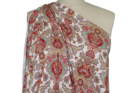 Extra Wide Paisley Rayon Jersey - Red Tones on Soft White
