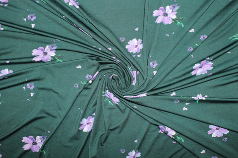 Flower print rayon jersey in purple on green