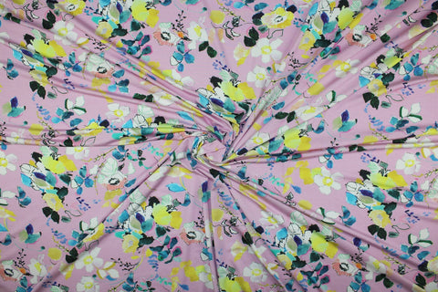 Floral rayon jersey on a pink background