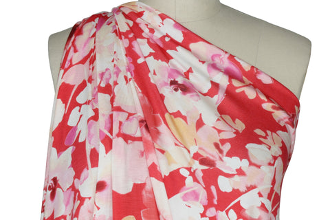 Floral Rayon Jersey - Pastels on Bright Coral