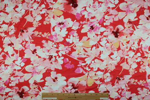 Floral Rayon Jersey - Pastels on Bright Coral