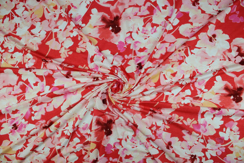 Floral Rayon Jersey - Pastels on Bright Coral