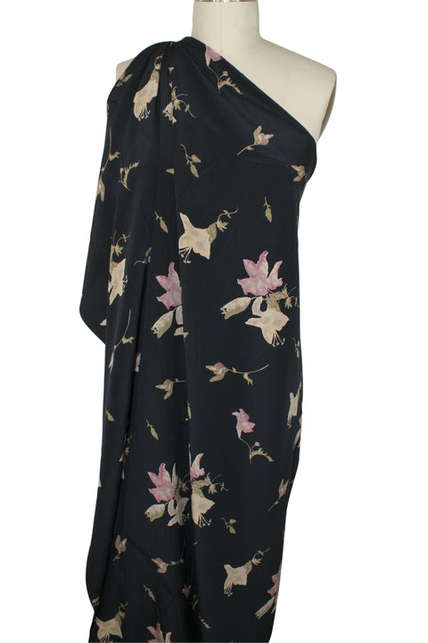 Lily print silk crepe in pinks and beiges on black