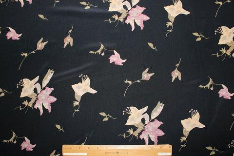 Lily print silk crepe in pinks and beiges on black