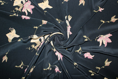 Lily print silk crepe in pinks and beiges on black