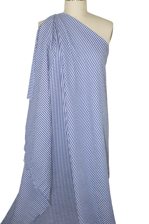 Blue and white gingham seersucker