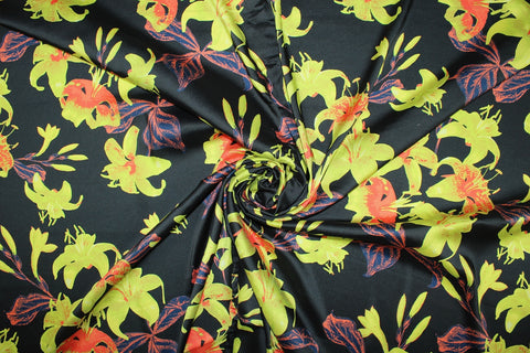 Consider the Lilies Silk Twill - Yellow/Orange/Navy on Black