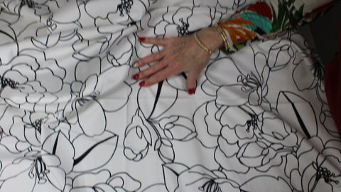 Black and white pen and ink style floral cotton sateen