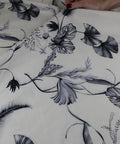 Leaf print linen in grays on white