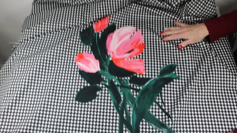 Gingham stretch cotton fabric with a BIG floral motif in the middle.