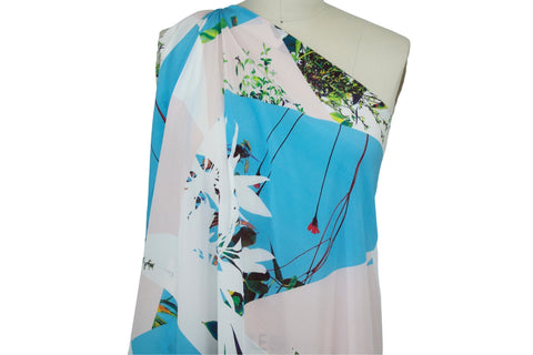 Flowers and Sky Digital Print Silk Crepe de Chine - Blue/Pink/Multi
