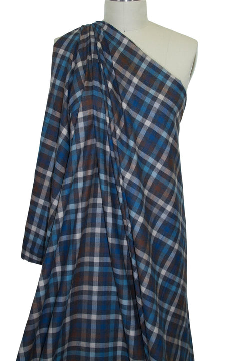 Albiatte Plaid Lightweight Cotton Flannel - Blues/Brown/Gray
