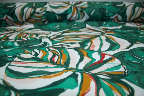 Jungle Morning Bottom Weight Cotton - Greens/Red/Peach/Nutmeg on White