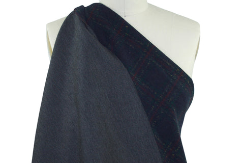 Double Faced Wool Blend Sweater Knit - Navy Plaid to Gray