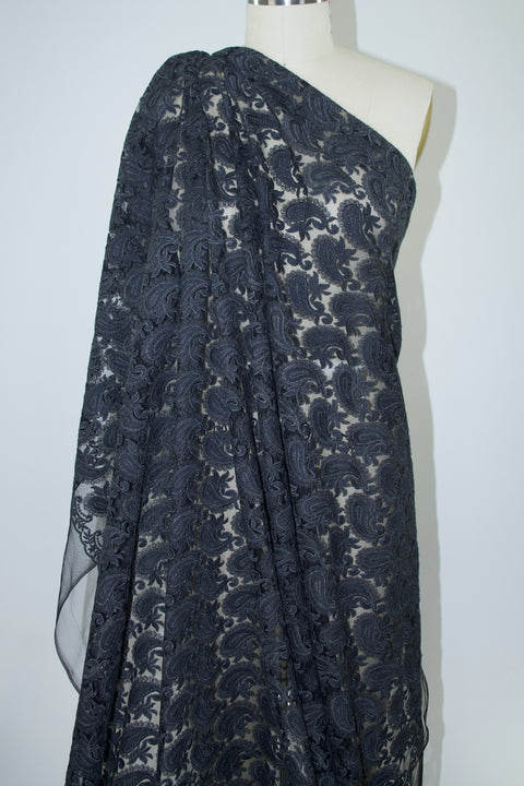 French Paisley Embroidered Mesh - Gray on Black
