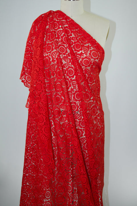 Red Floral Scallop-Edged Polyester Dress Fabric - Lace - Scarlet