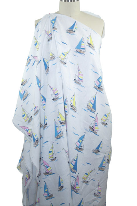 Come Sail Away Linen - Blue/Pink/Yellow on White